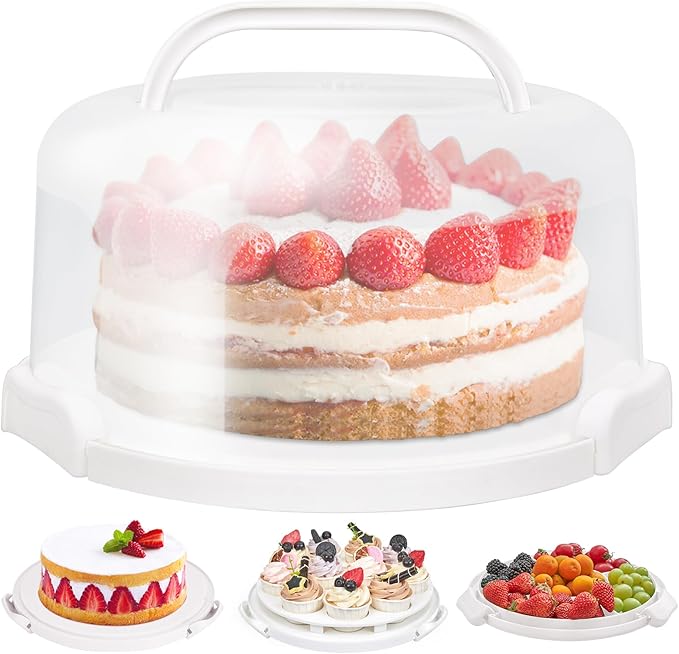 Ohuhu Cake Container, Cake Carrier with Lid and Handle BPA-Free Cake Holder for 10 inch Cake with 2 Handles Cupcake Carrier - Plastic Cover Two Sided Base for Transport Pies Nuts Fruit