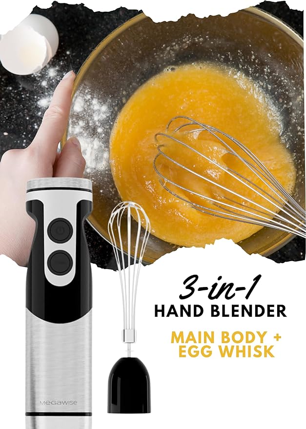 Megawise High-Power Hand Blender – 400W Max Power with Versatile 3-in-1 Attachments (Blending Shaft, Whisk, Chopper); Ergonomic Design with Adjustable Speed Control; Easy to Clean and Maintain (Black)