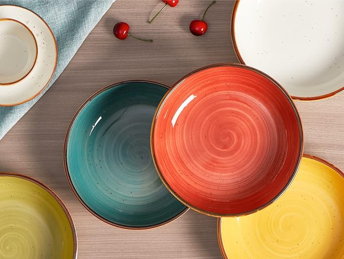 ONEMORE Pasta Bowls 30 Ounce Porcelain Salad Bowls Shallow Bowls for Pasta Set of 4 Shallow Bowl Plates, Microwave & Dishwasher Safe, Assorted Color