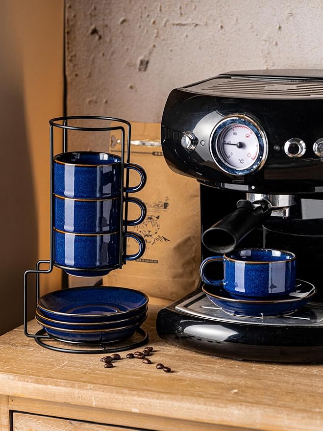 Gomakren 6 Ounce Cappuccino Cups with Saucers and Metal Stand, Stackable Coffee Cup Set of 4, Halloween Porcelain Espresso Cups for Coffee Drinks, Cappuccino, Latte, Americano, Tea, Cobalt Blue