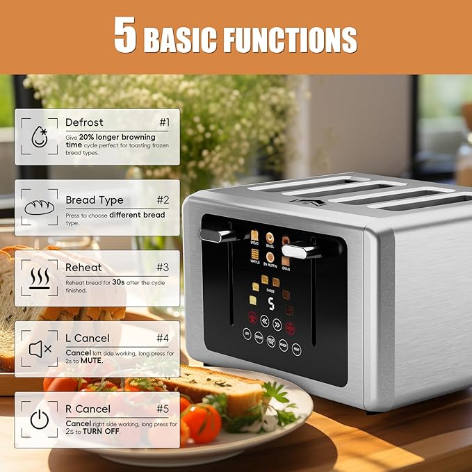 4 Slice Toaster, Touchscreen & Dual Independent Control Panel,5 Basic Functions & Digital Countdown Toasters, 6 Shade Settings&6 Bread Types, Smart Bread Maker Mute/Screen-Off,Brushed steel
