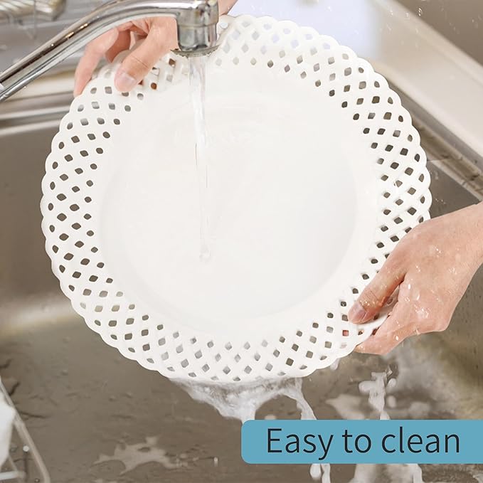 Large White Dinner Plates 12 inch, Ceramic Dinner Plates Set of 4, Basketweave Wide Rim Stackable Hotel Value Round Coupe Shape for Restaurant, Kitchen, Party, Home, Gifts, Microwave Dishwasher Safe