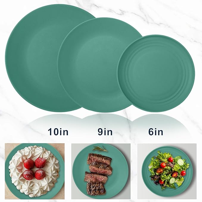 64-Piece Service for 8 Dinnerware Set - Unbreakable Wheat Straw Dinnerware sets of 64 - Dinner plates/Snack plates/Cereal bowls/Drinking Cups/Cutlery for Outdoor camping and indoors.Green