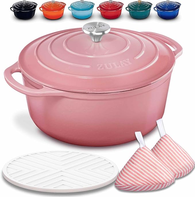 Zulay Kitchen 7.7 Quart Enameled Cast Iron Dutch Oven with Lid, Silicone Trivet & Heat Pad – Premium Durability & Oven Safe up to 500°F – Heavy Duty Cookware Perfect for Bread Baking, Stews, Braising & Roasting – Pink