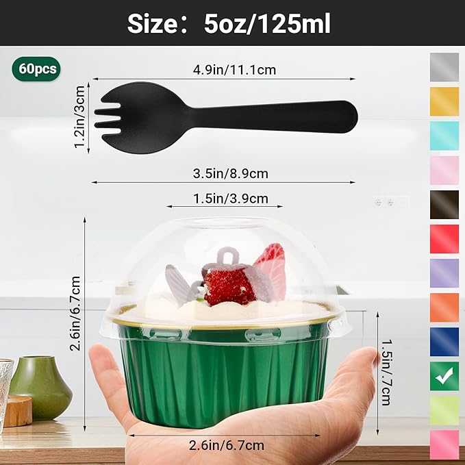 EUSOAR Creme Brulee Ramekins Disposable with Plastic Sporks, 60pcs 5oz Mini Cheesecake Pans Foil Baking Cups with Lids, Muffin Cupcake Liners Cups Custard Flan Molds for Wedding Birthday Party