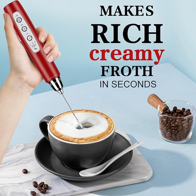 Milk Frother Handheld for Coffee, Electric Whisk 3 Speed Adjustable, Drink Mixer with Stainless 3 Whisks, Rechargeable Hand Frother Wand, Foam Maker for Latte Cappuccino Hot Chocolate Egg Red