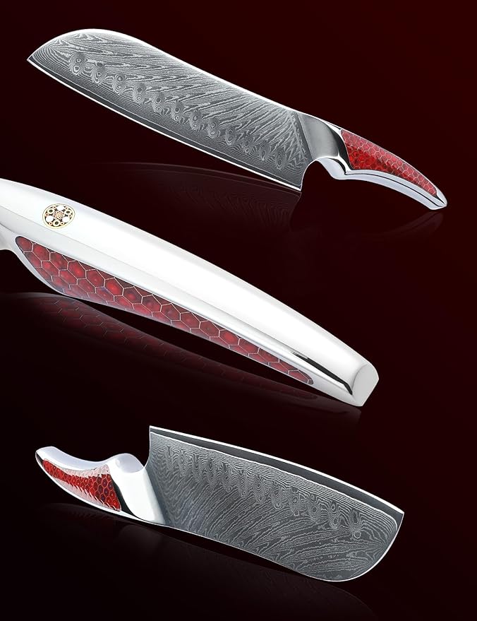 7 inch Santoku Knife, Japanese VG-10 Damascus Steel Chef Knife, Ultra Sharp Kitchen Knife with Full-tang Handle in Red Resin, LA-S9 Series