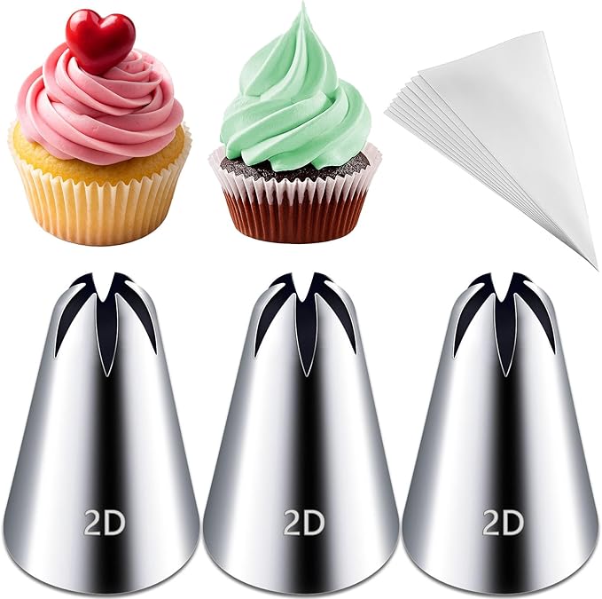 Hendiy 3pcs 2D Cake Piping Tips with 20 Piping Bags, Large Piping Nozzles Decorating Tips, Cake Baking Tools for Cookie Icing Cupcakes, Buttercream,Birthday Cake, Cupcake, DIY Art