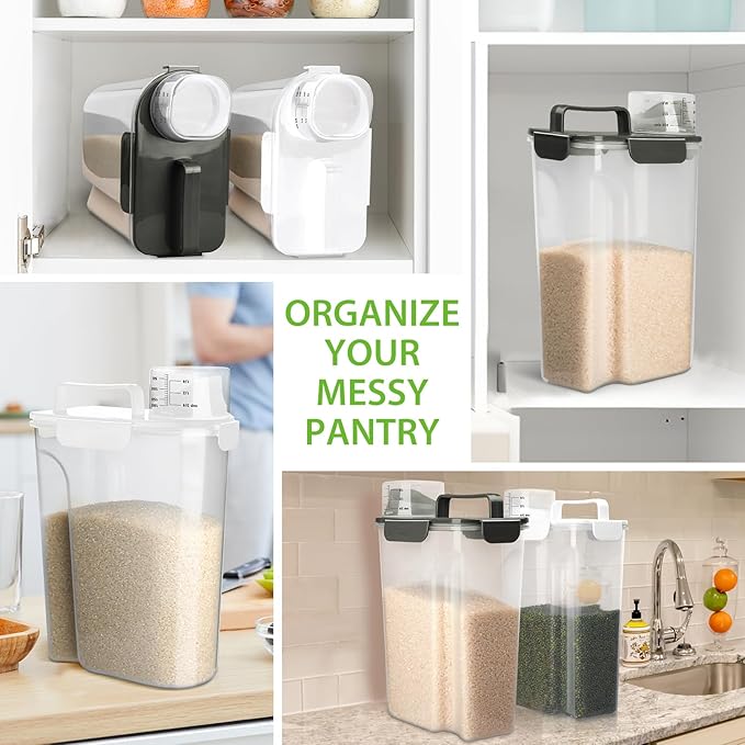 Rice Storage Container, 5 to 10lb Dry Food Airtight Dispenser, Pet Dog Cat Food Canister, BPA Free Clear Plastic Kitchen and Pantry Organization Bin for Oatmeal, Grain, Cereal, Pasta, Flour