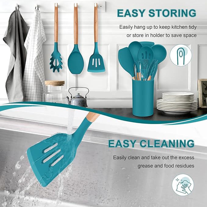 P&P CHEF Silicone Cooking Utensils Set, 12PCS Kitchen Utensils Set with Wooden Handle for Nonstick Cookware, Ladle, Spoon, Spatula, Tong, Heat-resistant & Non-scratch, Non Smell & Healthy, Blue