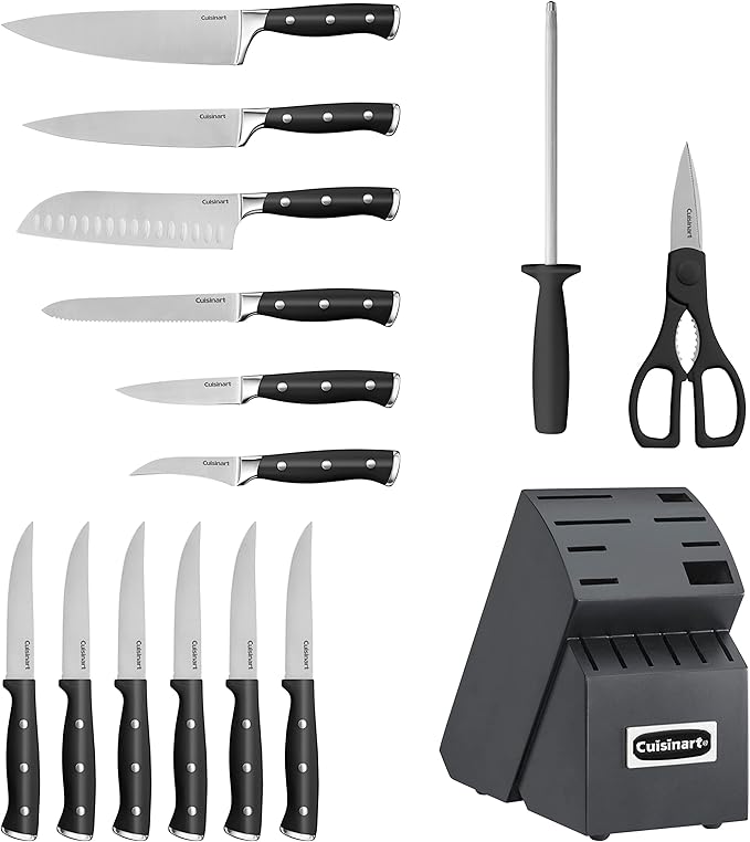 Cuisinart 15-Piece Knife Set with Block, High Carbon Stainless Steel, Forged Triple Rivet, Black/Black C77BTR-15PBK