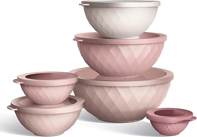 COOK WITH COLOR Mixing Bowls with Lids - 12 Piece Plastic Nesting Bowls Set includes 6 Prep Bowls and 6 Lids, Diamond Design - Microwave Safe (Mint)