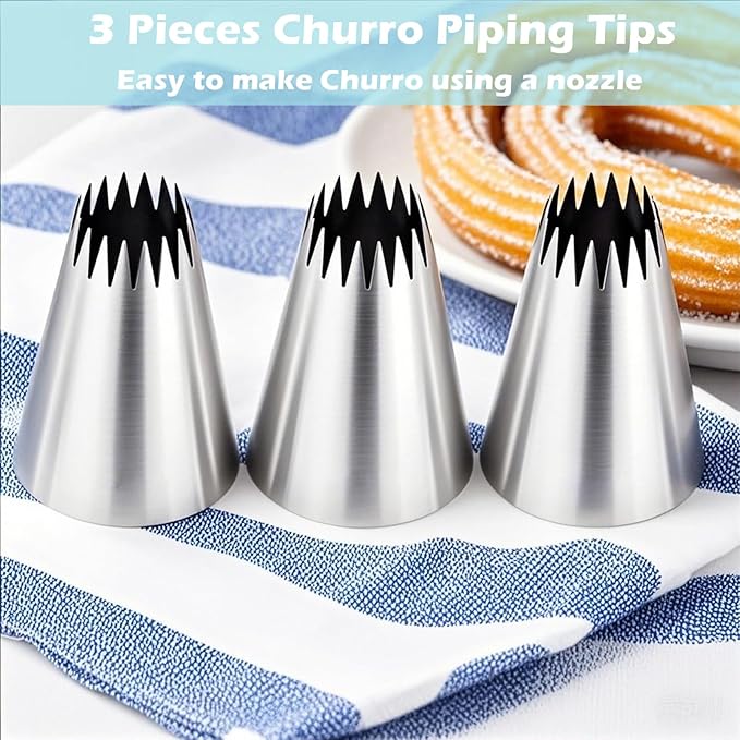 Hendiy 3 Pieces Churro Piping Tip, Stainless Steel 9FT Large Piping Tips Churro Maker Icing Tips, Pastry Tips for Cake Decorating with 20Pcs Disposable Piping Bags