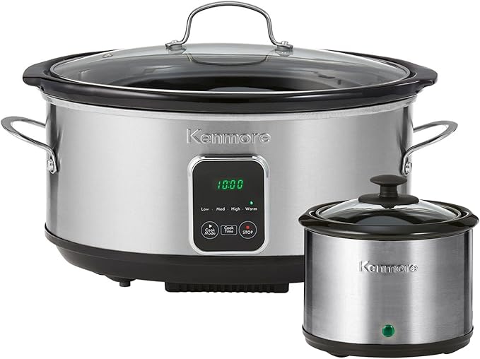 Kenmore 7 Quart Slow Cooker - Programmable crock pot with Dipper, Stainless Steel Electric Cookers, Warm Rice & Sous Vide Stew Soup For Lunch, Dishwaher Safe Non-Stick Ceramic Insert, Digital Control