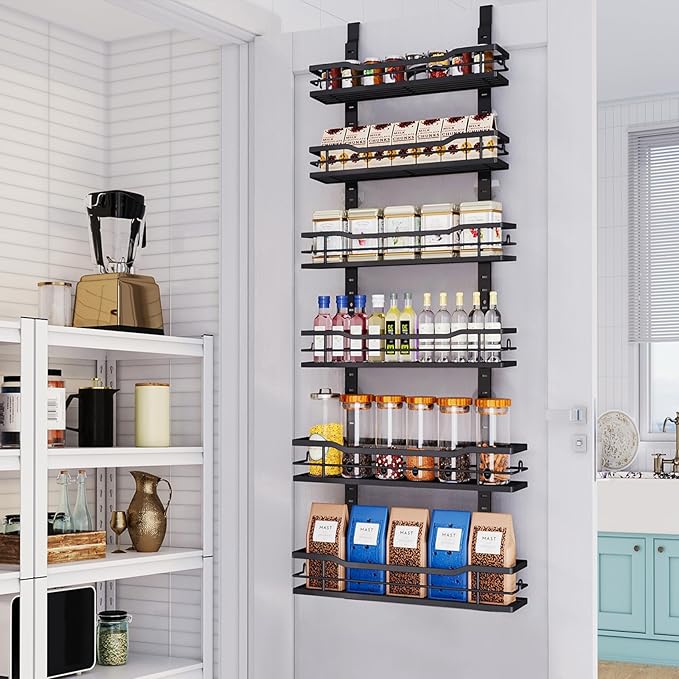 Over The Door Pantry Organizer,6-Tier Over The Door Organizer with Adjustable Basket,Metal Hanging Pantry Organizers and Storage for Kitchen, Back of Door Seasoning Rack (Black)