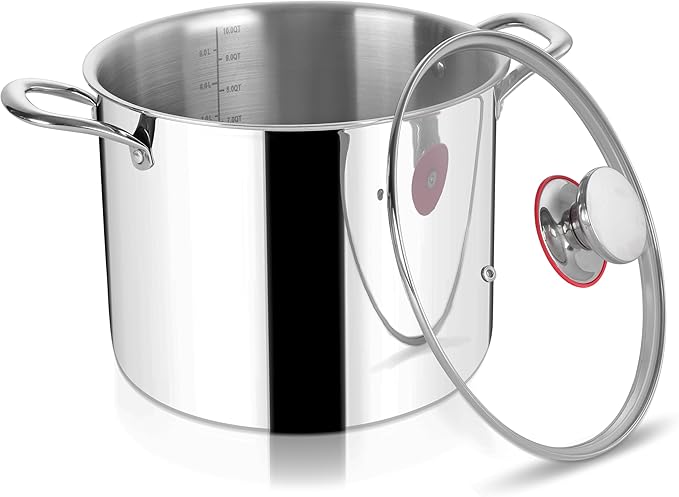 Herogo 10 Quart Stock Pot, 18/10 Stainless Steel Large Cooking Pot with Lid, 10 QT Metal Pasta Stockpot for Chicken Soup, Tri-ply Big Stockpot for Induction Gas Electric Stove, Dishwasher Safe