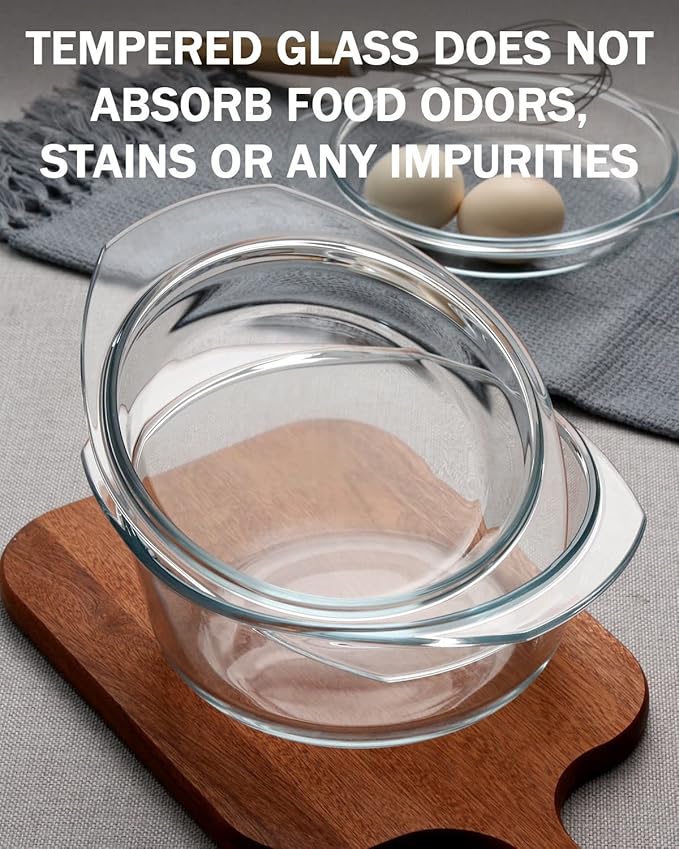 Clear Round Glass Casserole Dish With Lid Non-Plastic Lidded Casseroles Easy Grab Glass Cooking Bowls with Glass Lid, Microwave, Oven, Freezer, and Dishwasher Safe (1.5L)