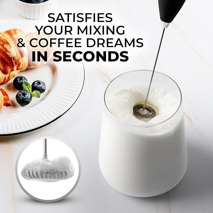 Zulay Milk Frother for Coffee with Upgraded Titanium Motor - Handheld Frother Whisk, Milk Foamer, Mini Blender and Electric Mixer Coffee Frother for Frappe, Latte, Matcha, No Stand - Metallic Black