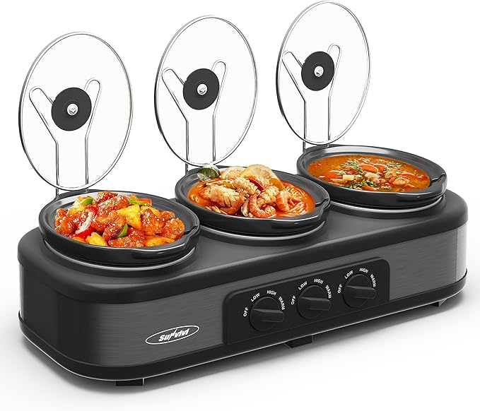 Sunvivi Triple Slow Cooker, Buffet Food Warmer with 3 * 1.5 Quarts Removable Ceramic Pots, Buffet Servers and Warmers with Glass Lids and 3 Spoons, Stainless Steel, Grey
