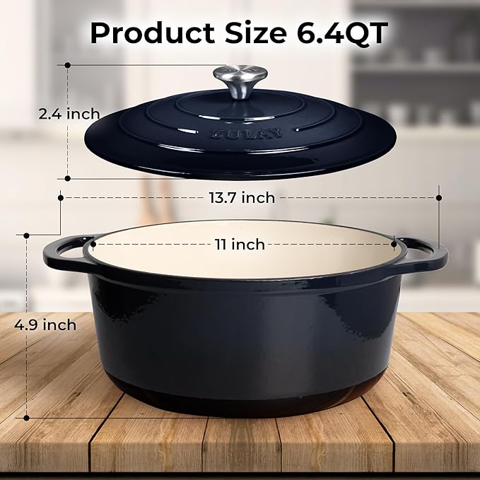 Zulay Kitchen 6 Quart Enameled Cast Iron Dutch Oven with Lid - Premium Durability & Oven Safe up to 500°F – Heavy Duty Cookware Perfect for Bread Baking, Stews, Braising & Roasting - Lapis Lazuli