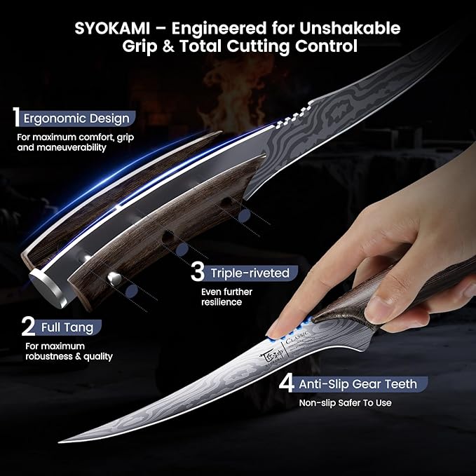 Fillet Knife, Razor Sharp 7.2 Inch Boning Knife, High Carbon Stainless Steel Filet Knives with High Flexibility, Wooden Handle, Full Tang Damascus Pattern Fishing Knives, Fishing Gifts for Men