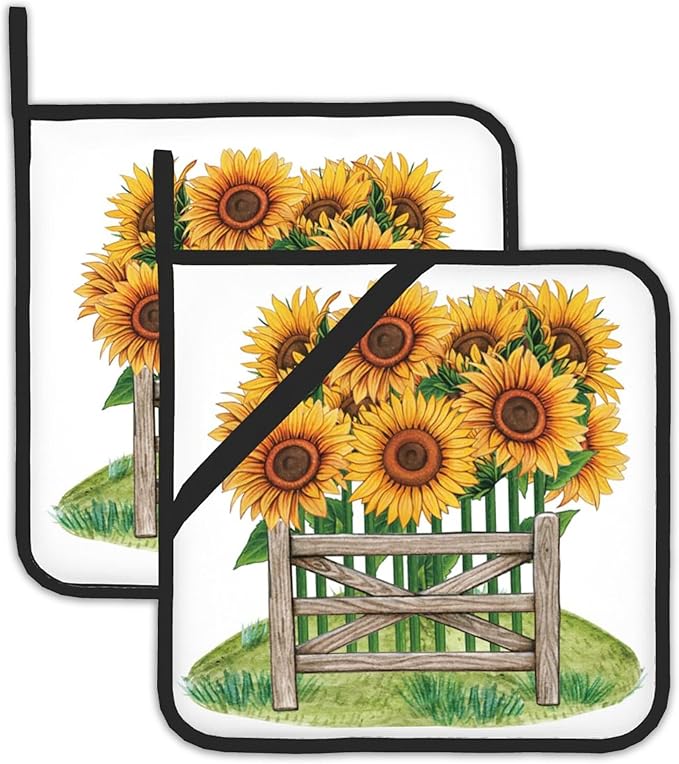 Sunflower Filed Pot Holders Set of 2 Heat Resistant Potholders,Fire Oven Hot Pads for Kitchen Cooking Baking Barbecue