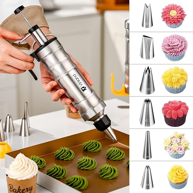 Dessert Decorating Syringe Set Icing Piping Kit Frosting Piping Kit Stainless Steels Cake Decorating Kit with 10 food grade stainless steel piping tips & 50 Disposable Piping Bags Black