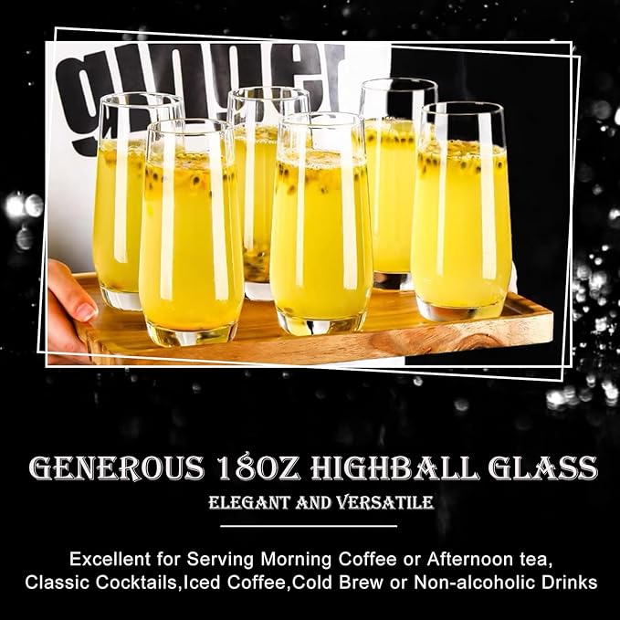 Highball Glasses Set of 4,Tall Drinking Glasses 18oz,Clear Cocktail Glass Cup Water Glasses Mojito Glassware for Juice,Beverage,Restaurant