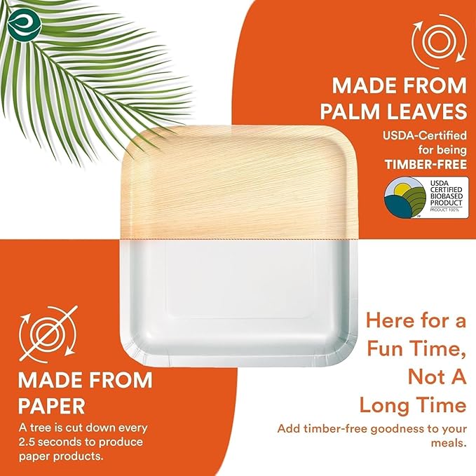 ECO SOUL Compostable 10 Inch Palm Leaf Square Plates (50 Count) Like Bamboo Plates | Biodegradable | Eco-Friendly, Microwave & Oven Safe