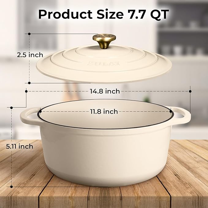Zulay Kitchen 7.7 Quart Enameled Cast Iron Dutch Oven with Lid, Silicone Trivet & Heat Pad – Premium Durability & Oven Safe up to 500°F – Heavy Duty Cookware Perfect for Bread Baking, Stews, Braising & Roasting – Ivory