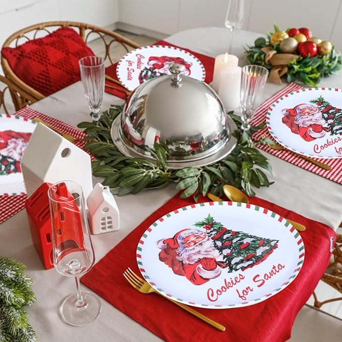 10-Inch Christmas Melamine Dinner Plates, 12-Piece Dishes Set, Lightweight & Stackable for Holidays& Decor Party plates, Ideal for Salad,Dessert,Fruit and Cakes
