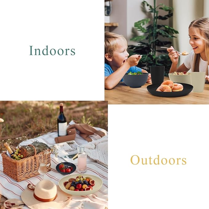 Wheat straw plates and bowls sets of 16 - Unbreakable wheat straw dinnerware sets for camping - Dishwasher safe and Freezer safe Dishes. Black & Grey