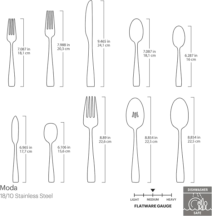ONEIDA Silverware Set For 12, Moda 65-Piece Fine Flatware Set with Serving Utensils, Service For 12, 18/10 Stainless Steel, Dishwasher Safe For home, Knives Spoons and Forks Set (Silver, 65 pieces)