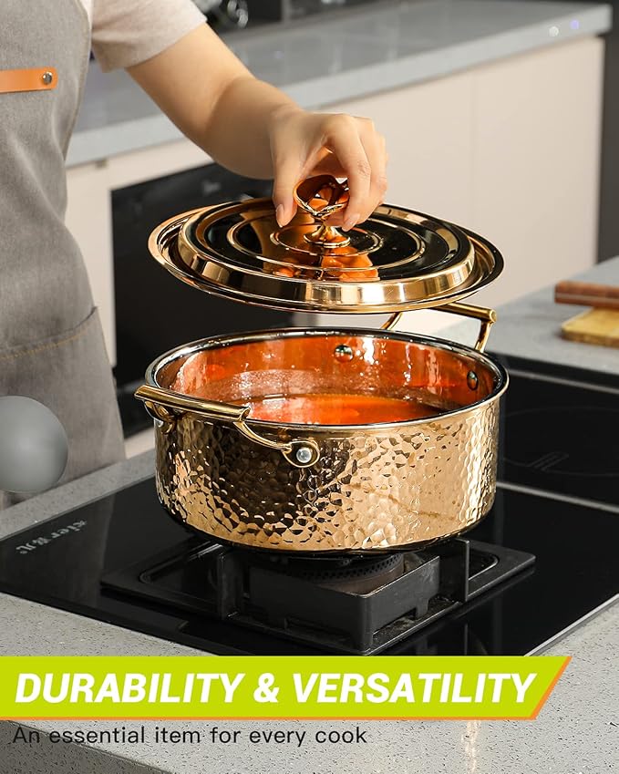 DAEDALUS 3QT Stainless Steel Stock Pot with Lid 3 Triply Clad Hammered Copper Pot, Nonstick Boiling Cookware for Home Kitchen Restaurant, Dishwasher Oven Safe Rose Gold