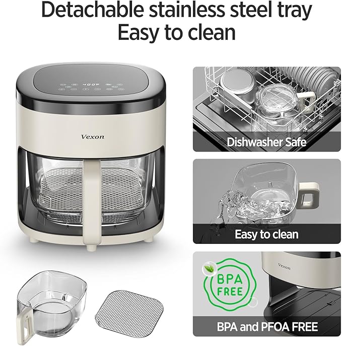 6-IN-1 Glass Air Fryer,4.5QT Air Fryer with Viewing Glass Pot, Air Fry, Roast, Reheat, Dehydrate, Air Crisp Technology,Nonstick & Dishwasher Safe Basket,97% Less Oil,Features Digital Timer