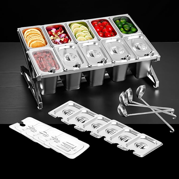 Two Tier Adjustable Stainless Steel Spice Organizer Set of 10 Pots with Spoons Commercial Kitchen Spice Rack Sauce Rack Buffet Counter Milk Tea Shop Multifunctional Shelf (Double Slant)