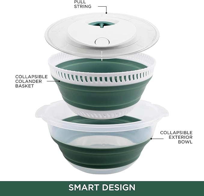 COOK WITH COLOR Collapsible Salad Spinner - 4 QT Space Saving Lettuce Dryer with Folding Collapsible Colander Great for Washing and Drying Fruit and Vegetables (Sage)