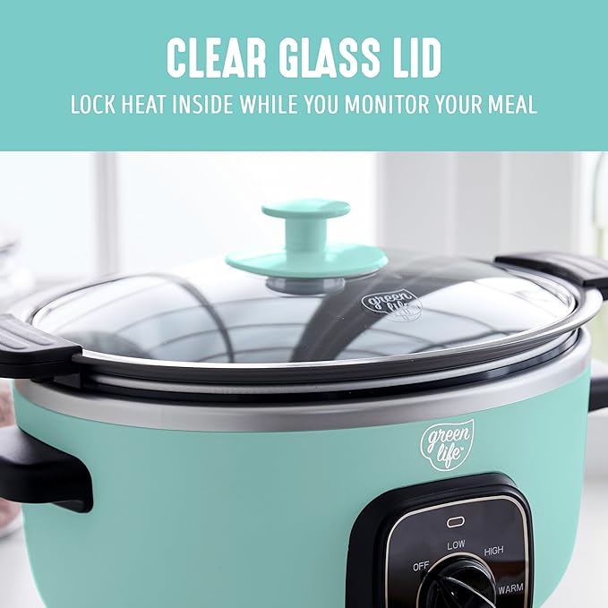 GreenLife 3.5QT Slow Cooker, Non-Toxic PFAS-Free Ceramic Nonstick Removable Interior Bowl, Programmable, Keep Warm, Stovetop & Oven Safe, Dishwasher Safe Parts, Glass Lid, Turquoise
