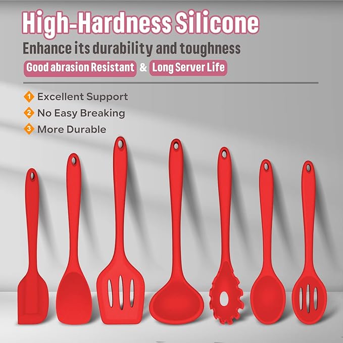 Silicone Cooking Utensils Set, E-far 7-Piece Red Heat Resistant Kitchen Utensils Set, Kitchen Nonstick Tools Spatula Ladle Spoon Pasta Server for Non-stick Cookware, Non-Toxic & Dishwasher safe