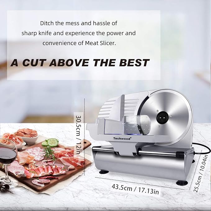 Techwood Electric Meat Slicer, 200W Electric Deli Food Slicer with 9” Removable Stainless Steel Blade & Adjustable Thickness Dial, for Home Use, Ideal for Meat Jerky, Hard Cheese, Vegetables & Bread