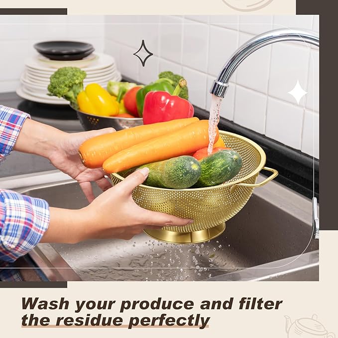 Norme 4 Quart Stainless Steel Gold Colander and 3 Pcs Gold Fine Mesh Strainer, Stainless Steel Pasta Rice Food Metal Strainer with Handles, Easy Clean and Dishwasher Safe