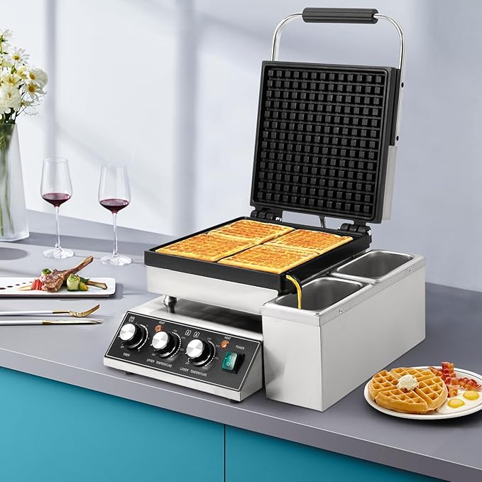 2200W Commercial Waffle Maker, Electric Square Waffle Maker Non-Stick Stainless Steel Belgian Waffle Iron w/Time & Temper Adjustable|Oil Spill Chute, Large Waffle Machine for Restaurant Party Food