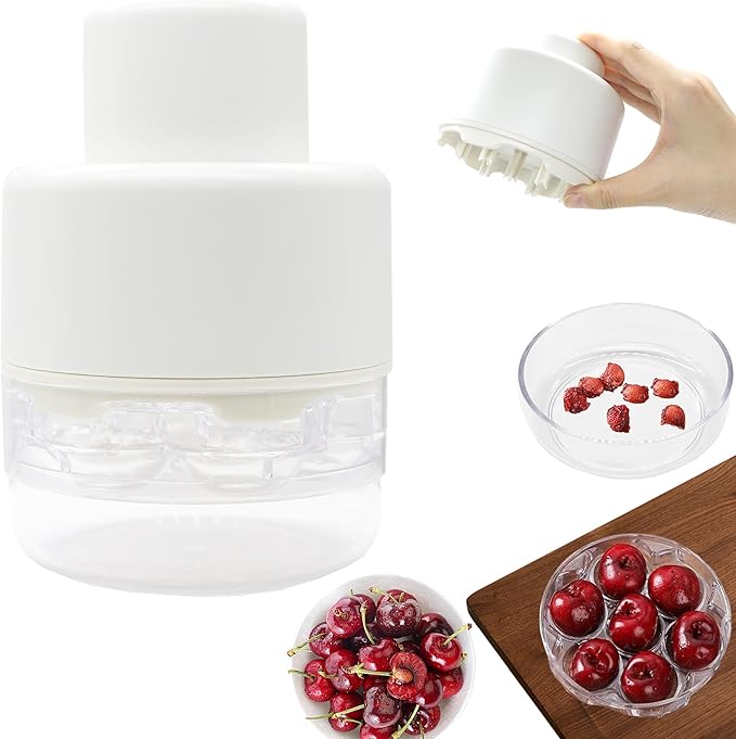 PCTC Cherry Pitter Tool - Pit Remover for Cherries, Multi-Functional Fruit & Vegetable Tool, Quick Release Remove 7 Cherry Pits at Once, Kitchen Gadget for Easy Prep (White)