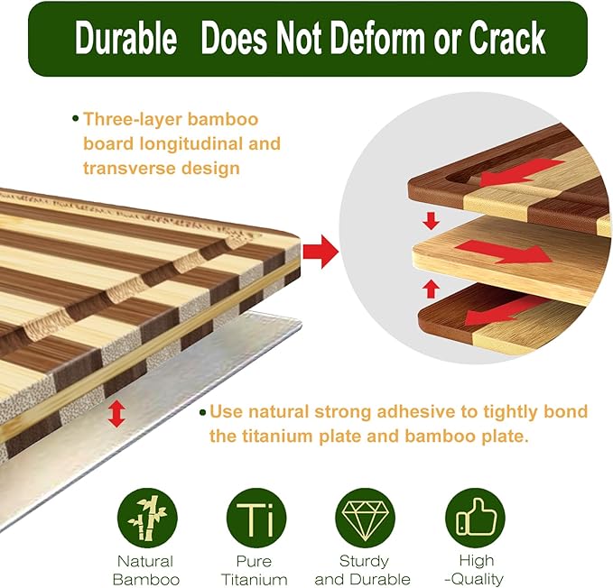 Titanium Cutting Board for Kitchen, Double Sided Cutting Board, Pure Titanium and Natural Bamboo, with Deep Juice Grooves, Large Size 15.6”×11”