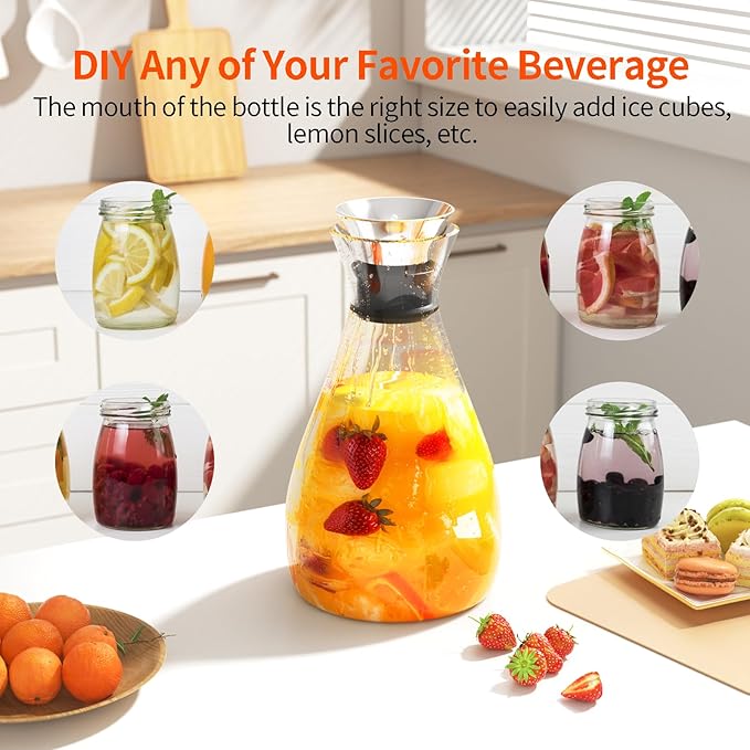 Glass Pitcher with Lid, 52 Ounces Juice Pitcher High Borosilicate Drip-free Glass Carafe Easy Pour Gallon Pitcher for Hot/Cold Water, Ice Tea, Juice Beverage, Transparent