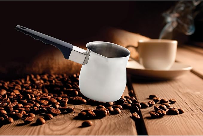 Fino Stainless Steel Turkish Coffee Pot - Professional 18/8 Warmer for Stovetop Coffee, Milk, Tea, Hot Chocolate - Delicious Daily Beverages - 12-Ounce