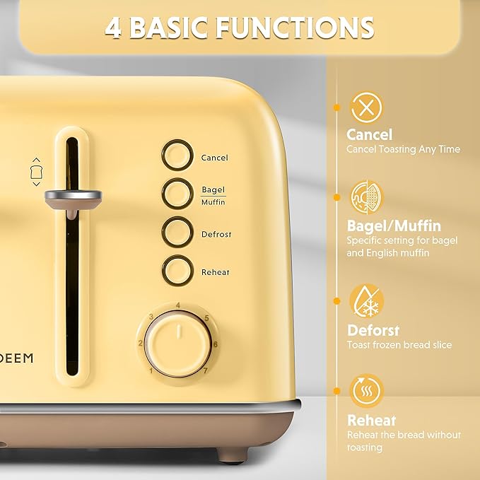 BUYDEEM DT640 Retro 4 Slice Toaster, 7 Shade Settings, Extra Wide 1.5'' Slots, Stainless Steel Toaster with Bagel Muffin Defrost Reheat Function, Yellow