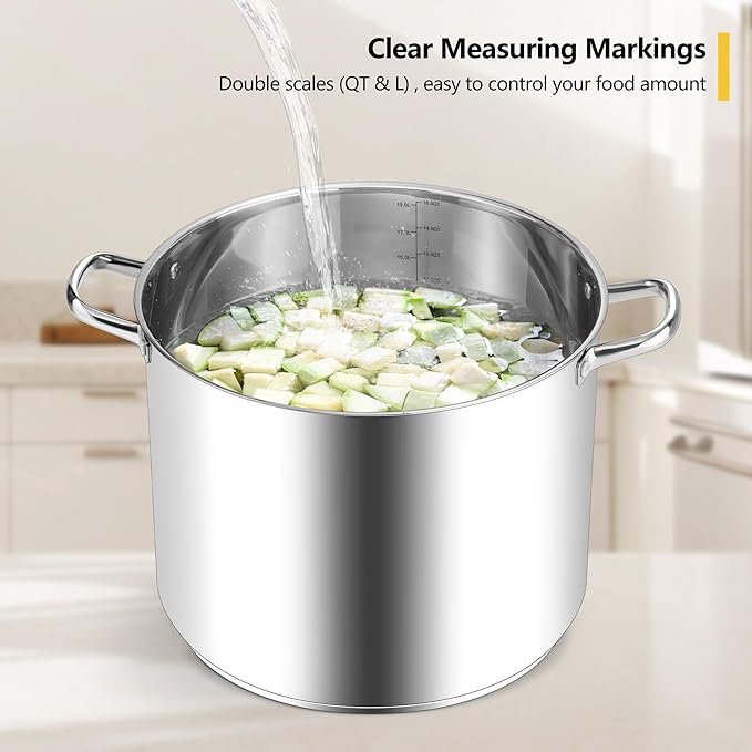 Homikit 16 Quart Stainless Steel Stock Pot, Large Sauce Soup Pot with Lid & Handles, Heavy Duty Cookware for Canning Steaming Simmering, Induction Stockpot Compatible All Cooktops, Dishwasher Safe