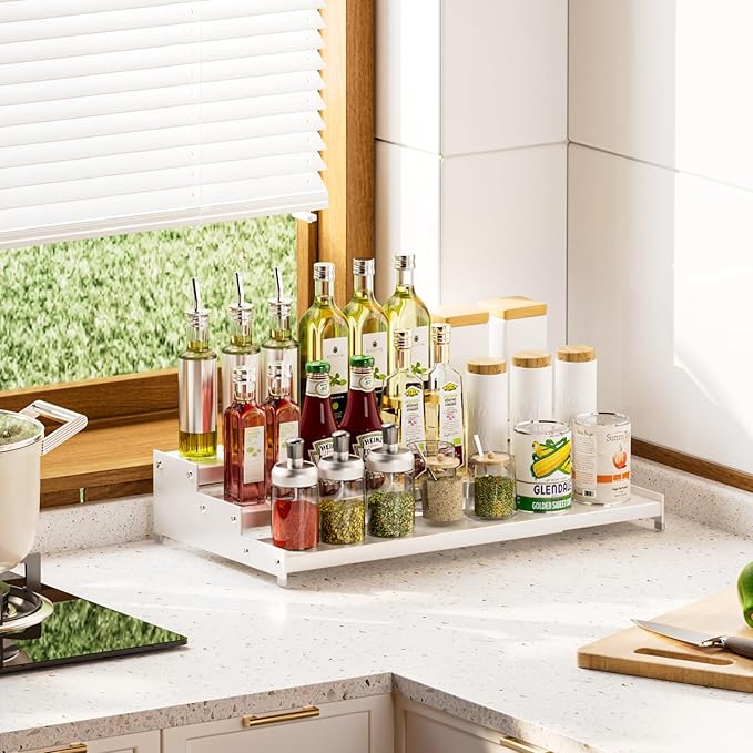 Premium Spice Rack Organizer for Countertops -tiered spice rack organizer for cabinet,spice jars, oil bottles and utensils 2 Packs White (modern rust-resistant design)