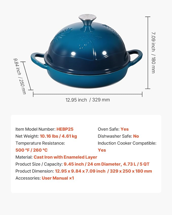 VEVOR Enameled Cast Iron Dutch Oven, 5 Quart Pot for Sourdough Bread Baking, Heavy-Duty Cookware Pan with Lid and Dual Handles, Oven Induction Compatible up to 500℉, for Cooking Roasting